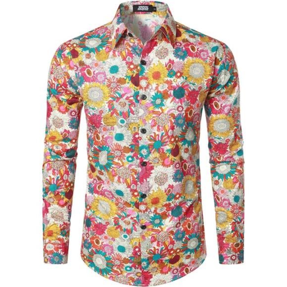 Mens Floral Dress Shirt Long Sleeve Printed Beige Multicolor - Picture 1 of 7